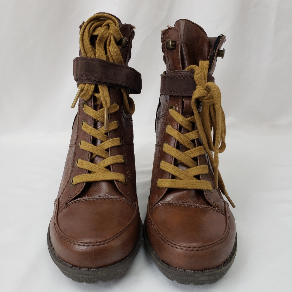 BONGO Lace Up Brown Wedge Booties - Picture 2 of 13